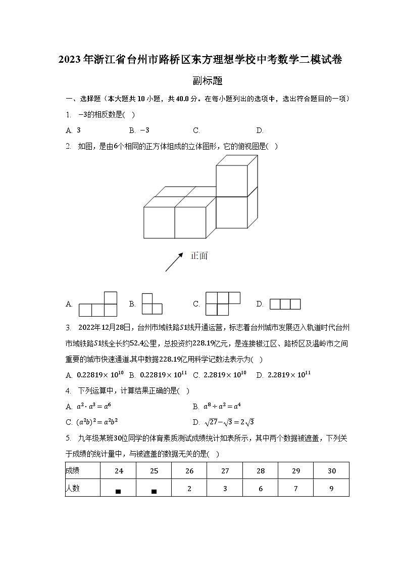 2023年浙江省台州市路桥区东方理想学校中考数学二模试卷（含解析）01