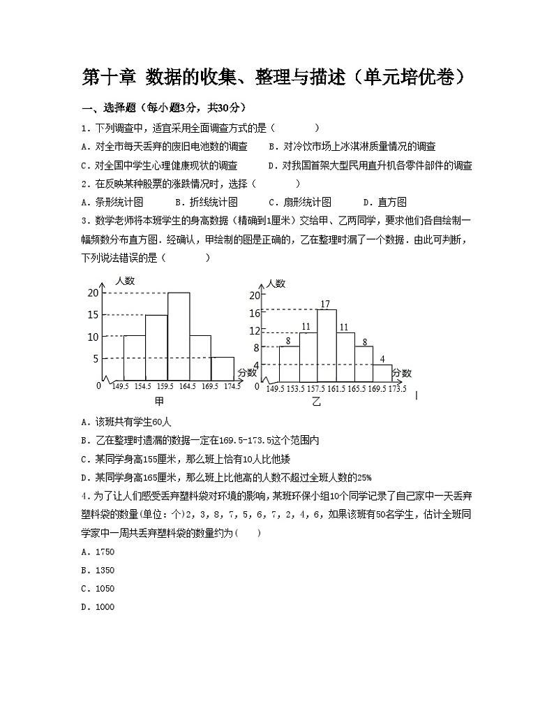 第十章 数据的收集、整理与描述【单元培优卷】（原卷版）第1页