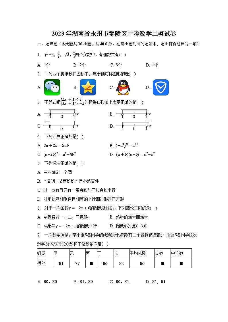 2023年湖南省永州市零陵区中考数学二模试卷（含解析）01