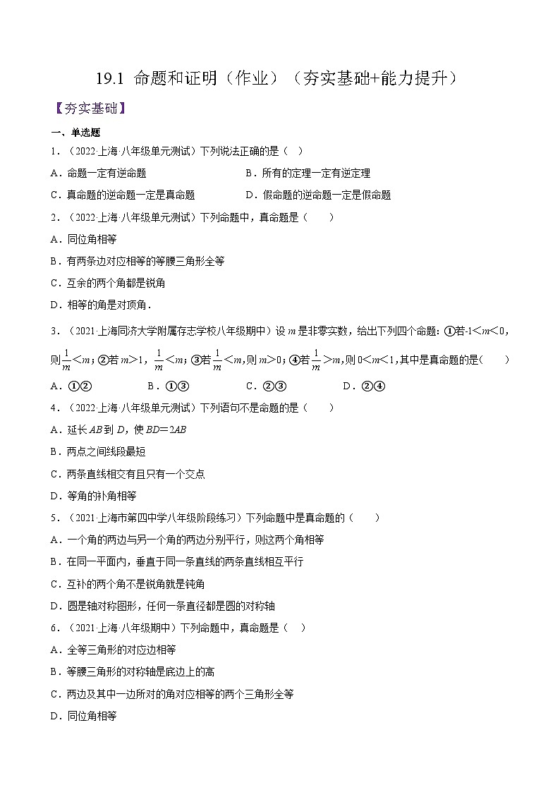 19.1 《命题和证明》（作业）（夯实基础+能力提升）（原卷版）第1页