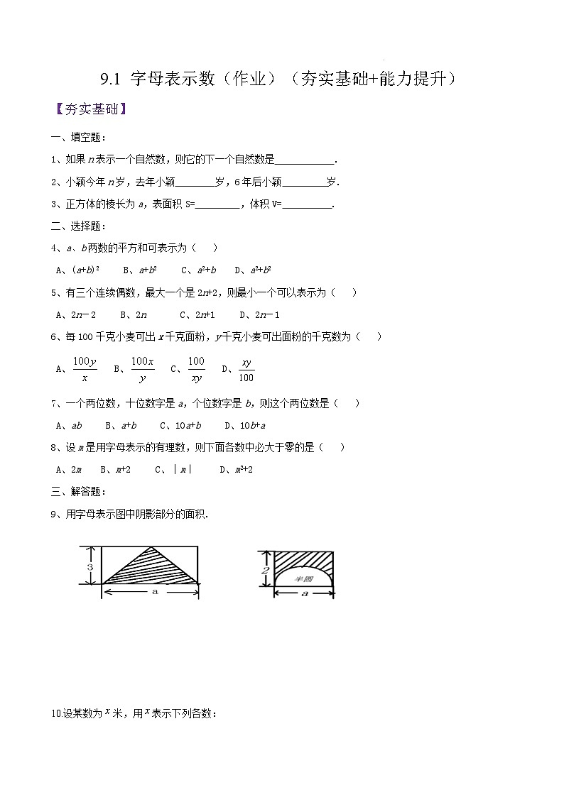 9.1 《字母表示数》（作业）（夯实基础+能力提升）（原卷版）第1页