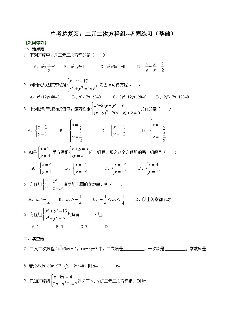 初中数学中考复习：49二元二次方程组(含答案)第1页