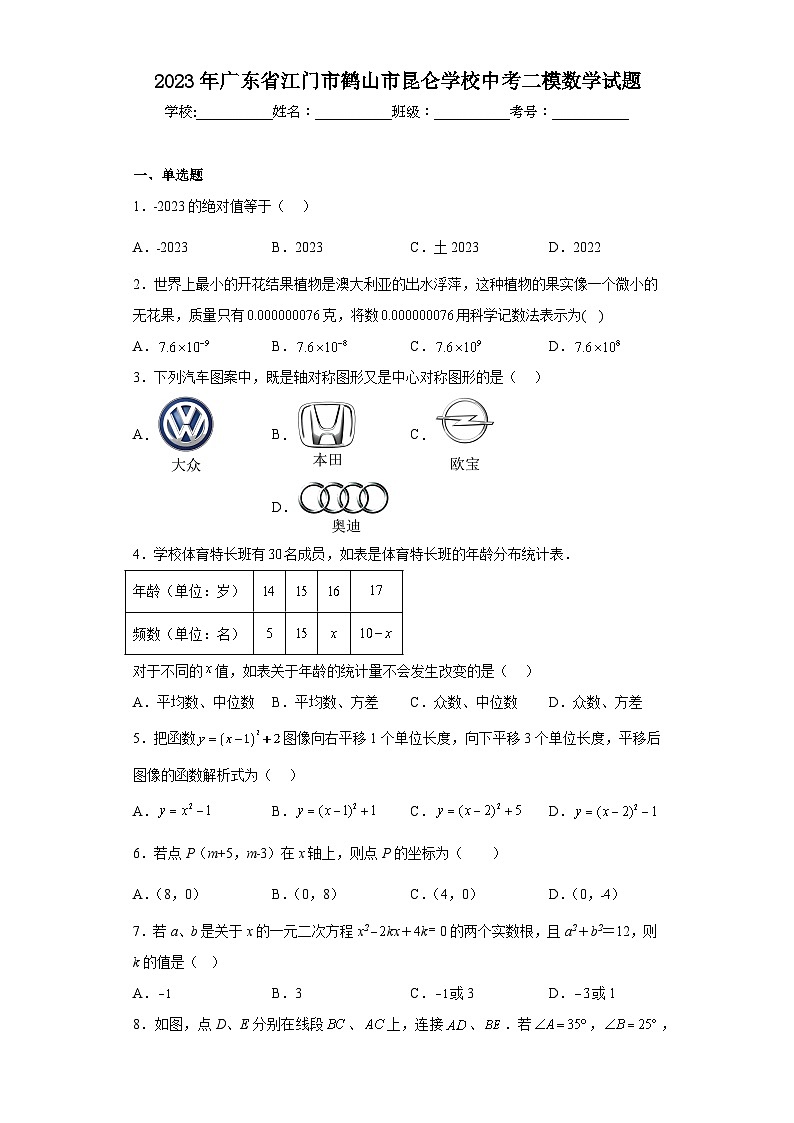 2023年广东省江门市鹤山市昆仑学校中考二模数学试题（含解析）01