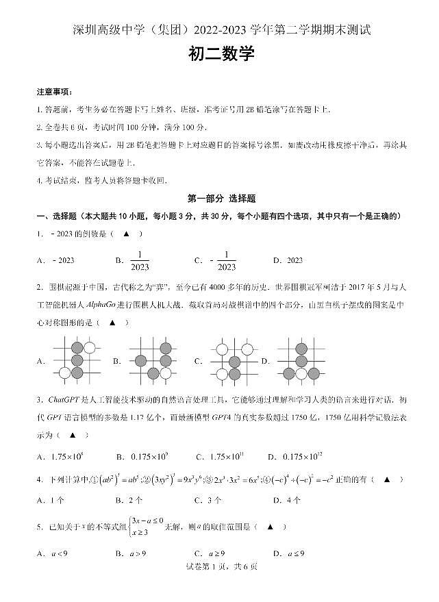 广东省深圳市高级中学2022-2023学年八年级下学期期末考试数学试题01