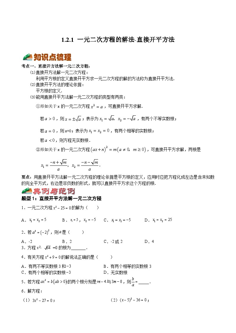 1.2.1 一元二次方程的解法-直接开平方法（七大题型）-2023-2024学年九年级数学上册《考点•题型•技巧》精讲与精练高分突破系列（苏科版）01