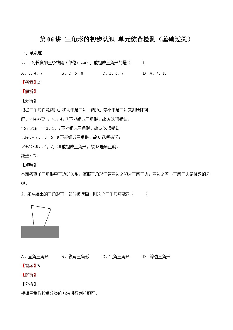 第06讲 三角形的初步认识 单元综合检测（基础过关）（解析版）第1页