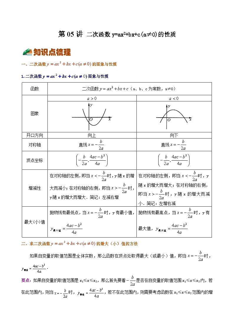 【暑假提升】浙教版数学八年级（八升九）暑假-专题第05讲《二次函数y=ax2bxc(a≠0)的性质》预习讲学案01