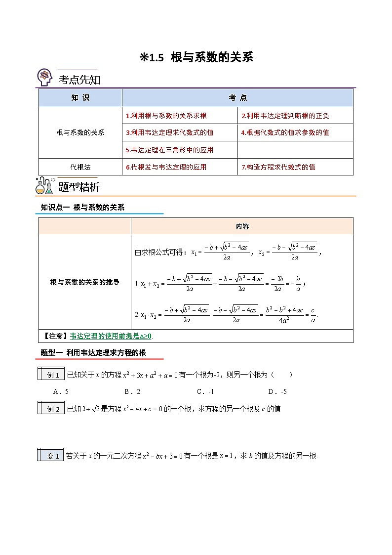 【暑假提升】2023年人教版数学八年级（八升九）暑假-专题1.5《根与系数的关系》预习讲学案（原卷版）第1页