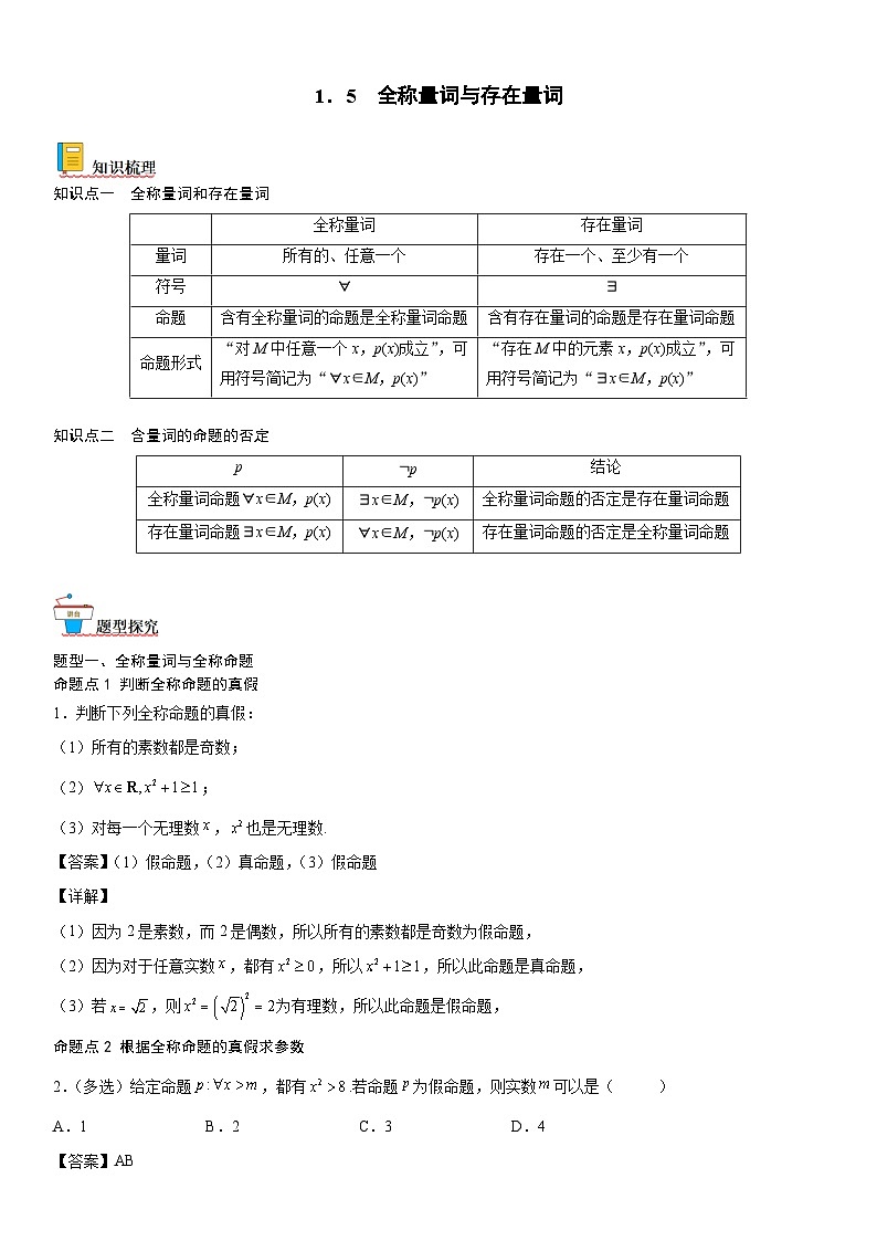 【暑假初高衔接】初三数学暑假预习（人教A版2019）-1.5《全称量词与存在量词》同步讲学案（解析版）第1页