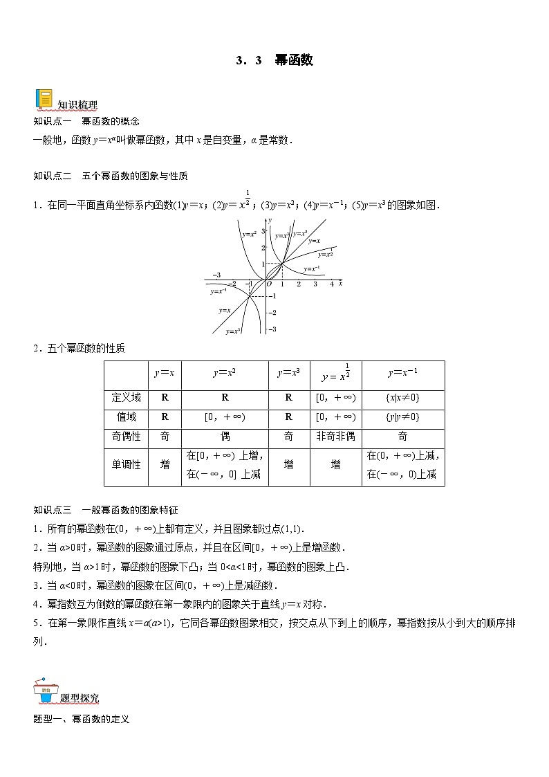 【暑假初高衔接】初三数学暑假预习（人教A版2019）-3.3《幂函数》同步讲学案（原卷版）第1页