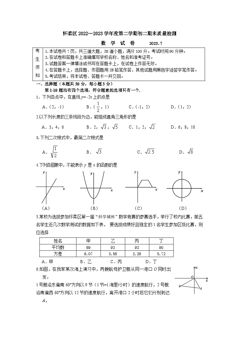 怀柔区2022-2023学年八年级第二学期数学期末考试试卷 （无答案）第1页