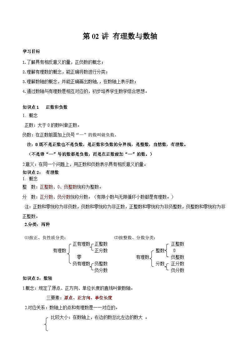 2023年新七年级数学北师大版暑假预习——第02讲 有理数与数轴 试卷01