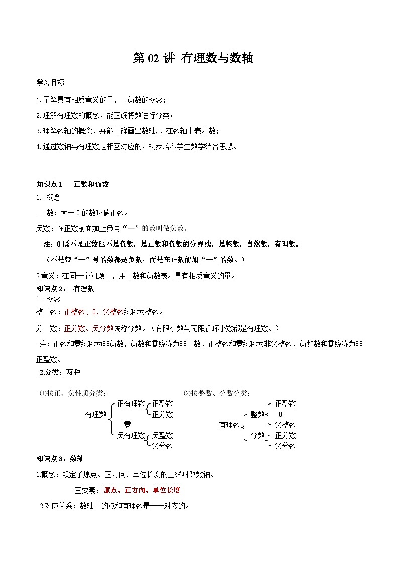 2023年新七年级数学北师大版暑假预习——第02讲 有理数与数轴 试卷01