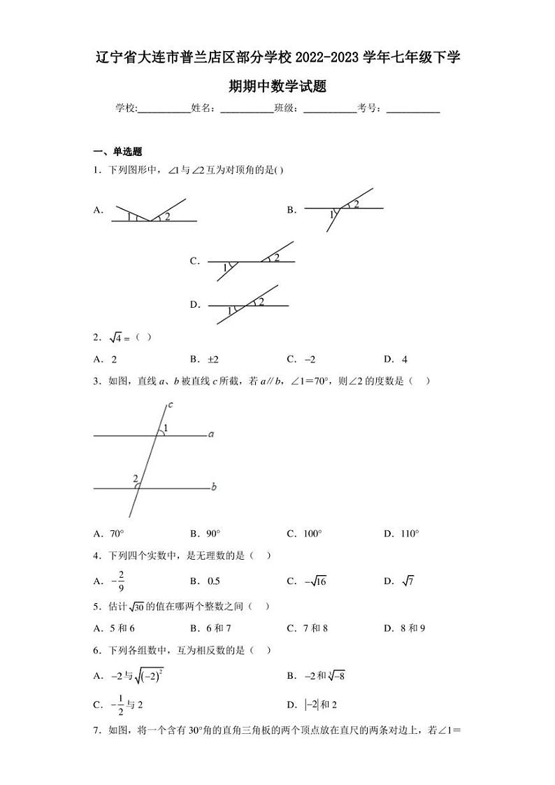辽宁省大连市普兰店区部分学校2022-2023学年七年级下学期期中数学试题（含答案解析）01