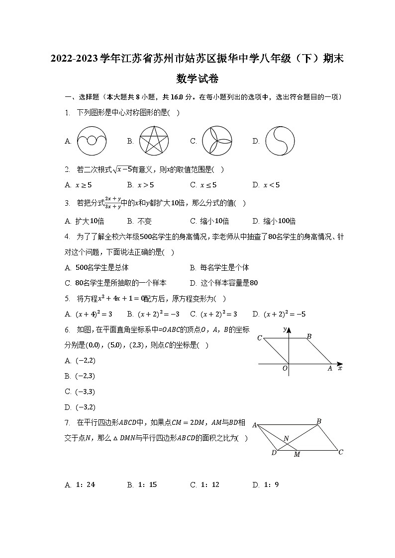 2022-2023学年江苏省苏州市姑苏区振华中学八年级（下）期末数学试卷（含解析）01