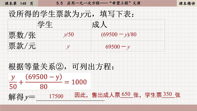 北师大版数学七上5.5  应用一元一次方程——“希望工程”义演（课件PPT）07