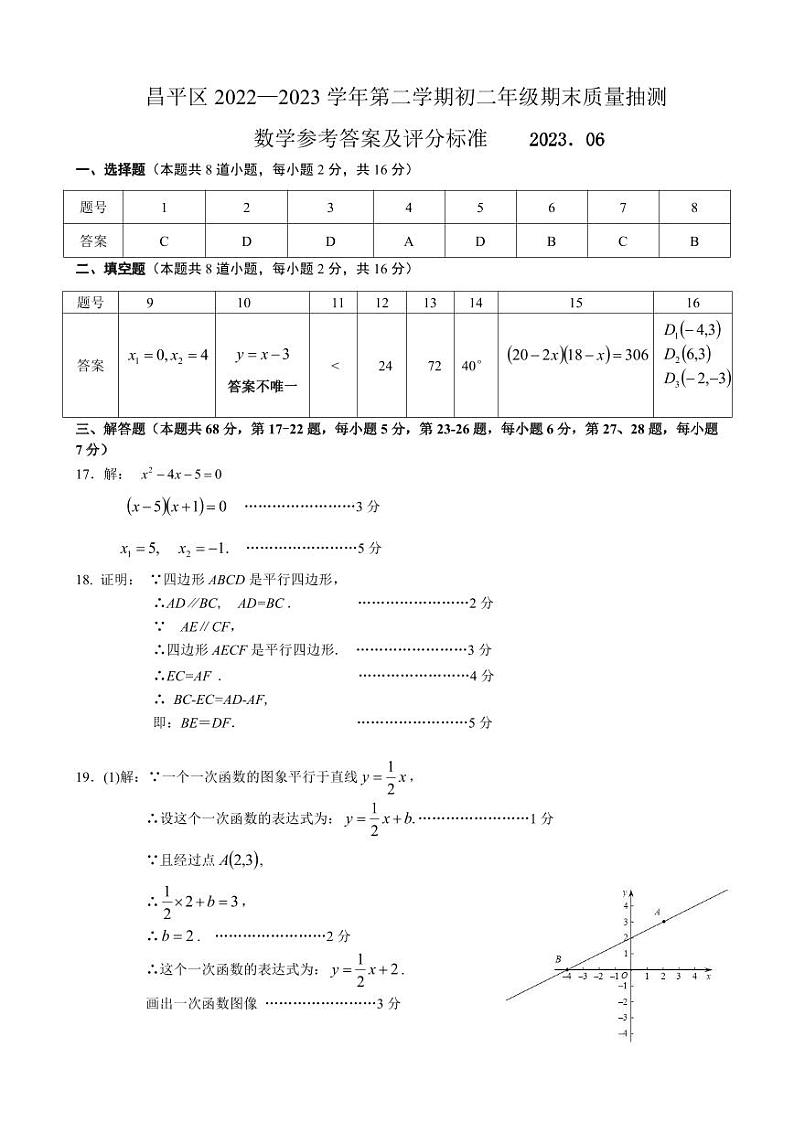 2023北京市昌平地区初二数学下学期期末试卷答案第1页