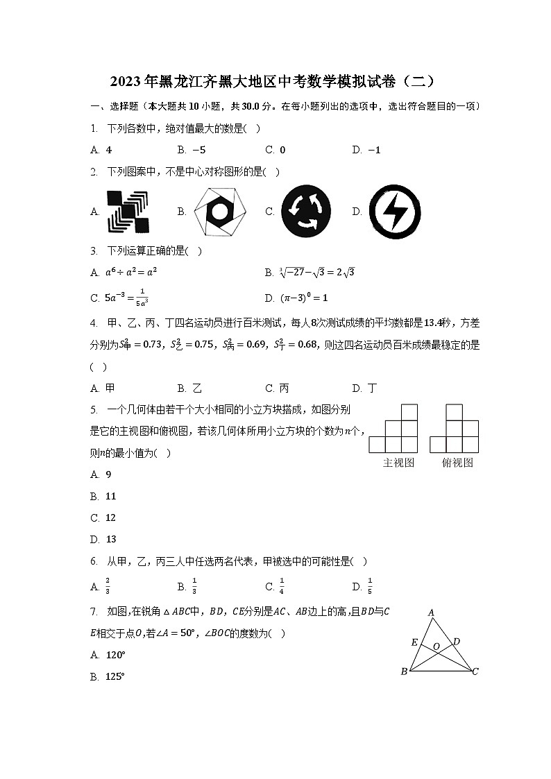 2023年黑龙江齐黑大地区中考数学模拟试卷（二）（含解析）第1页