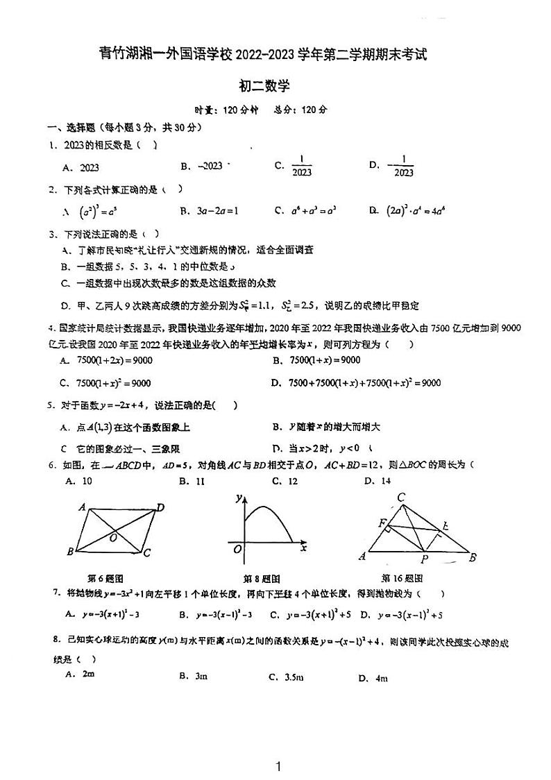 2023青竹湖湘一八下期末考试数学试卷第1页