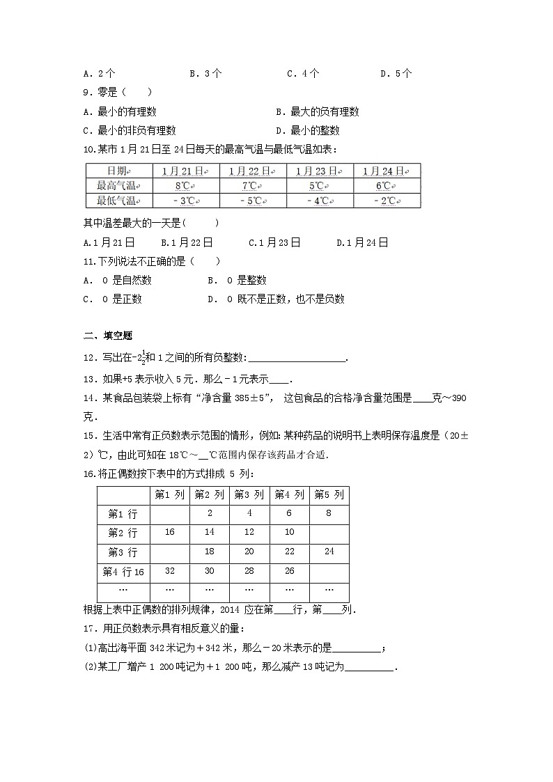 2.1有理数课时培优训练2023-2024学年北师大版数学七年级上册第2页