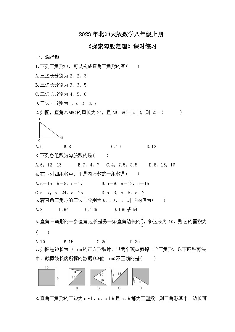 2023年北师大版数学八年级上册《探索勾股定理》课时练习（含答案）01