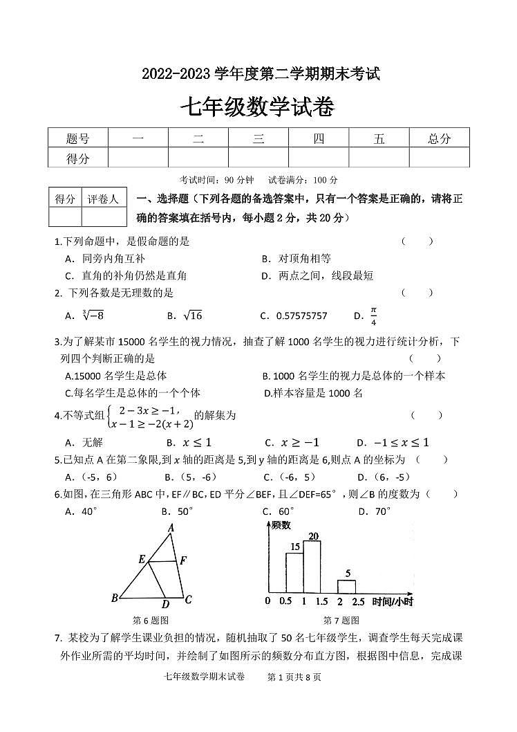辽宁省铁岭市某校2022-2023学年七年级下学期期末考试数学试题第1页