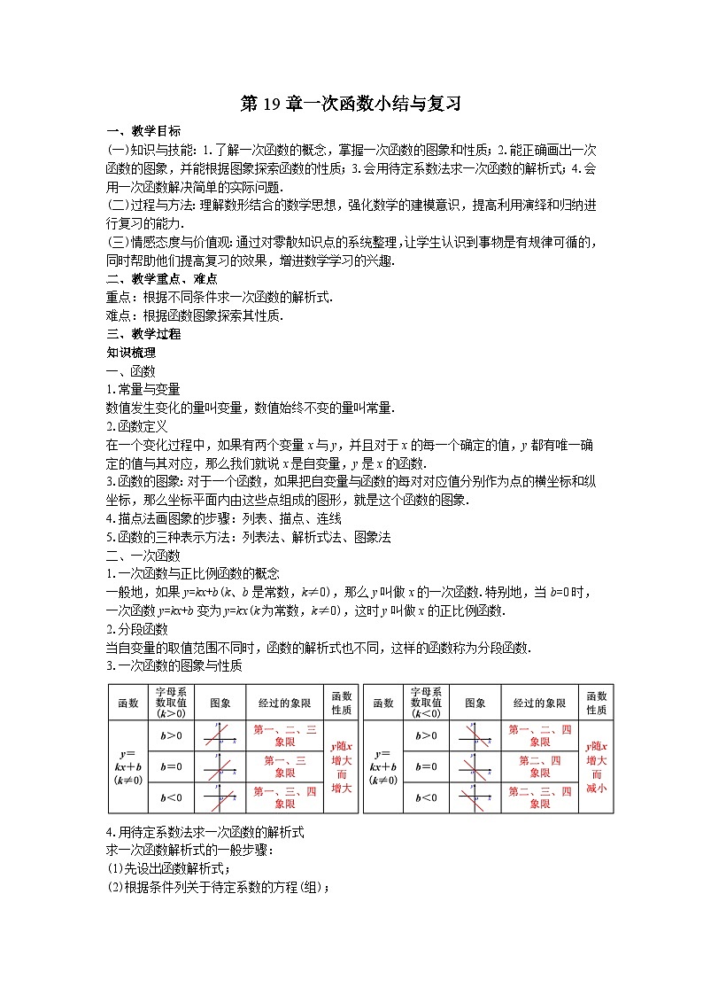38第19章一次函数小结与复习教案第1页