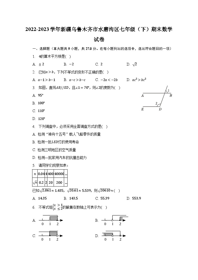 2022-2023学年新疆乌鲁木齐市水磨沟区七年级（下）期末数学试卷（含解析）01