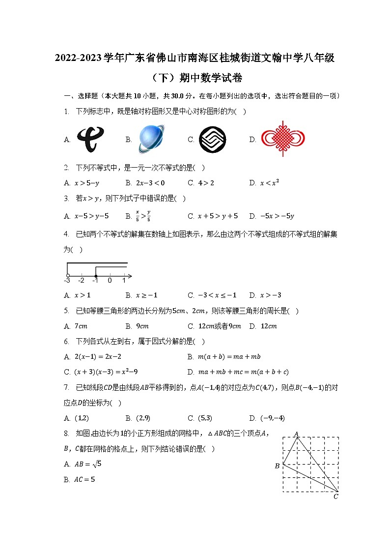 2022-2023学年广东省佛山市南海区桂城街道文翰中学八年级（下）期中数学试卷（含解析）01