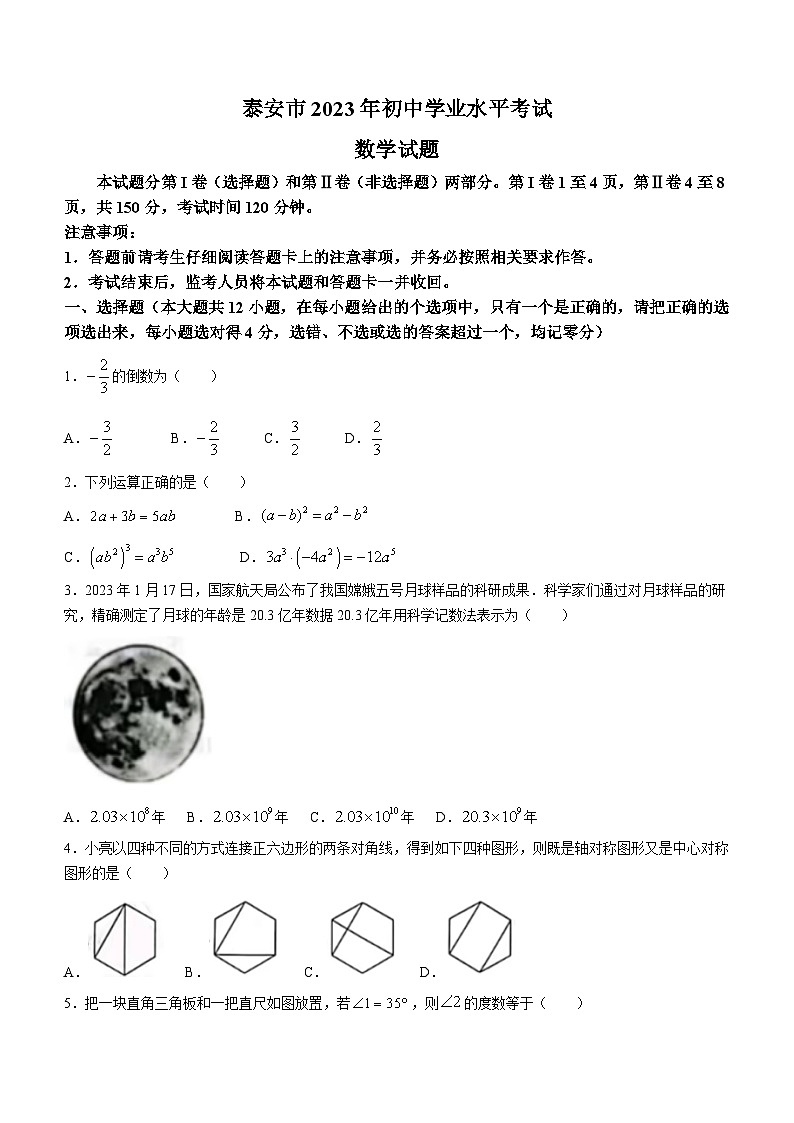 2023年山东省泰安市中考数学真题(无答案)01