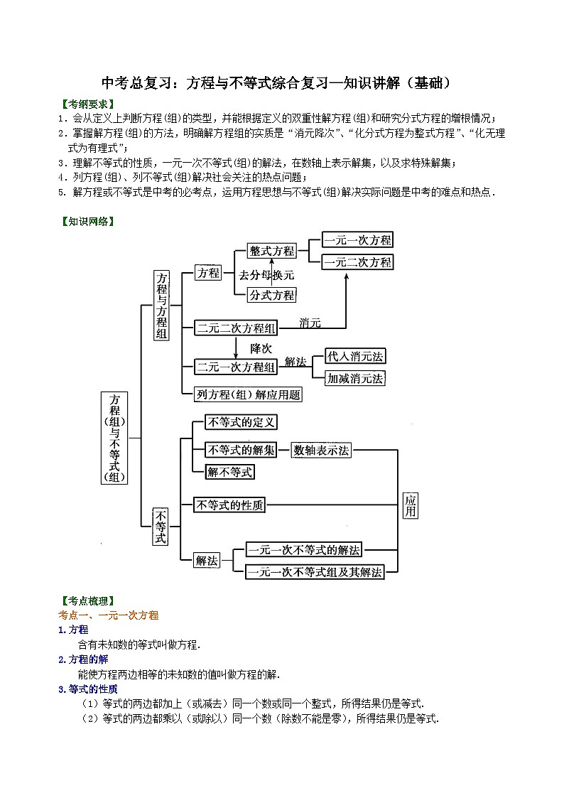 13中考总复习：方程与不等式综合复习--知识讲解（基础）第1页