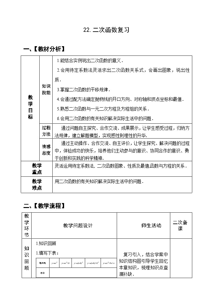 人教版九年级数学上册22《二次函数的图像与性质》复习PPT课件+教案+学案+练习01