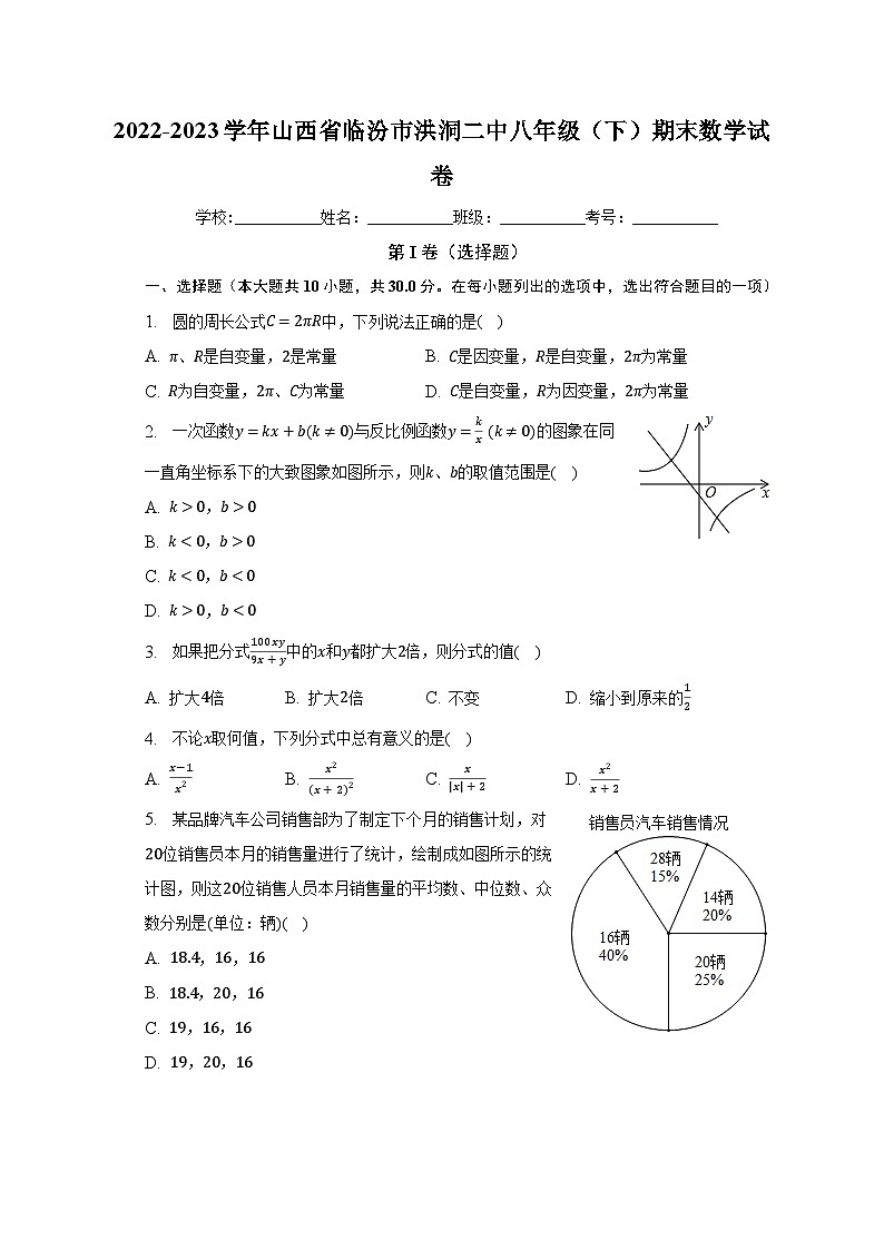 2022-2023学年山西省临汾市洪洞二中八年级（下）期末数学试卷（含解析）01