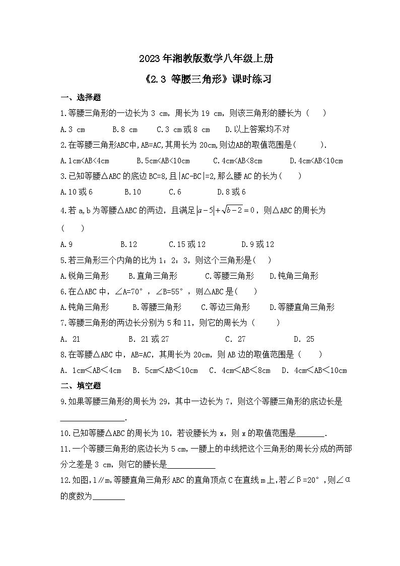 2023年湘教版数学八年级上册《2.3 等腰三角形》课时练习（含答案）01