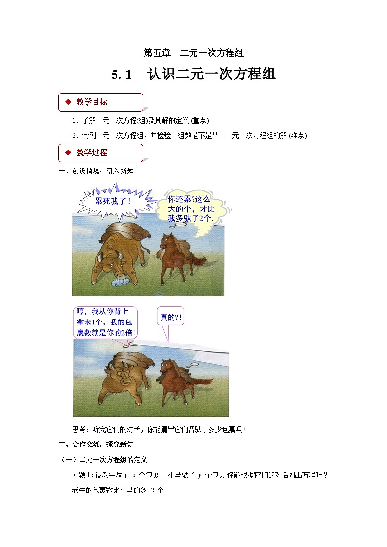 认识二元一次方程组教案 数学北师大版八年级上册第1页