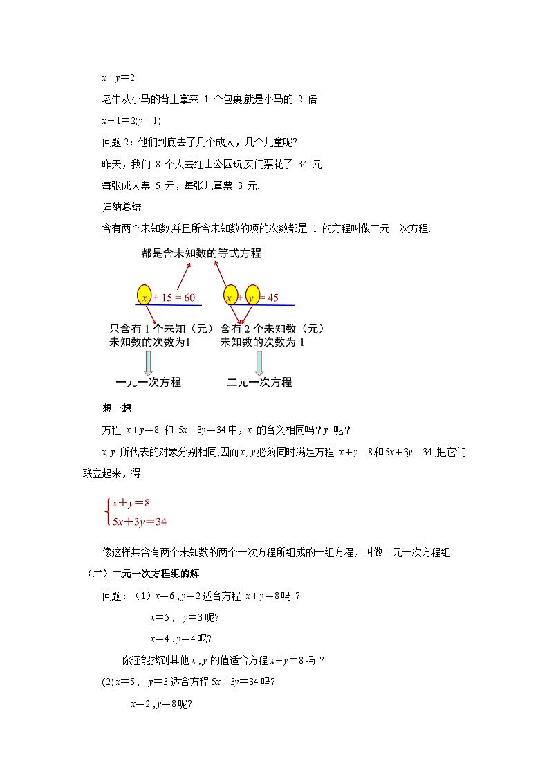认识二元一次方程组教案 数学北师大版八年级上册第2页