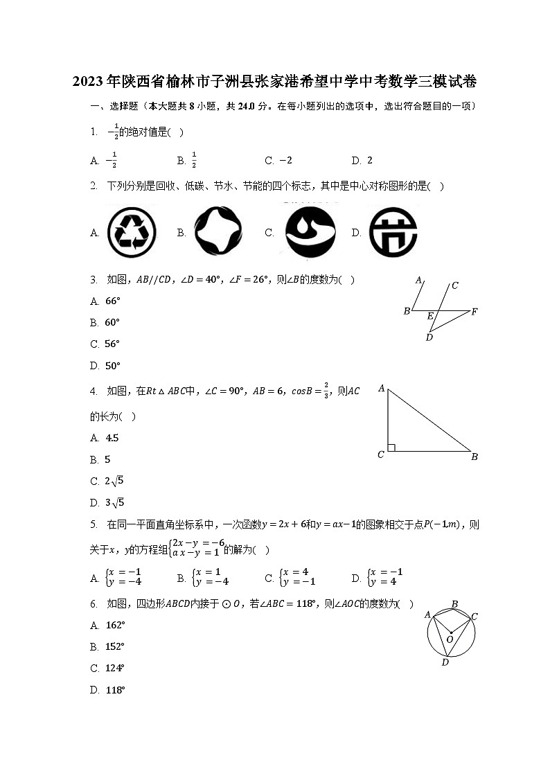 2023年陕西省榆林市子洲县张家港希望中学中考数学三模试卷（含解析）第1页