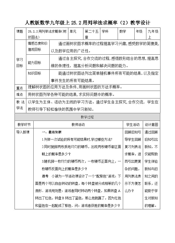 人教版数学九年级上册25.2.2《用列举法求概率 》教案01