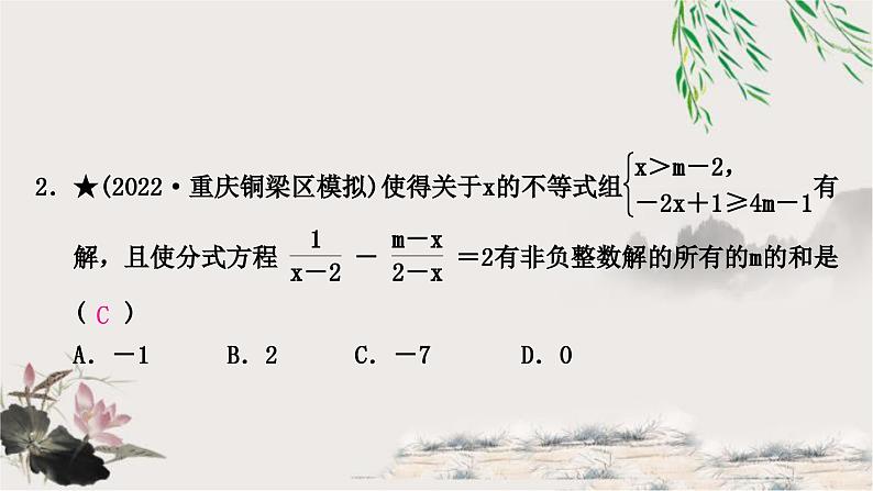 中考数学复习专项训练六含参数的方程(组)与不等式(组)的综合问题作业课件03