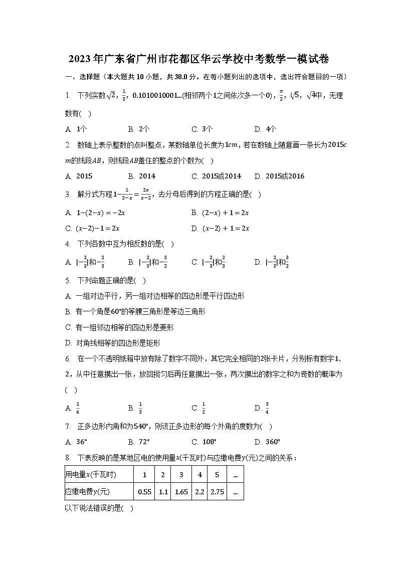 2023年广东省广州市花都区华云学校中考数学一模试卷（含解析）第1页