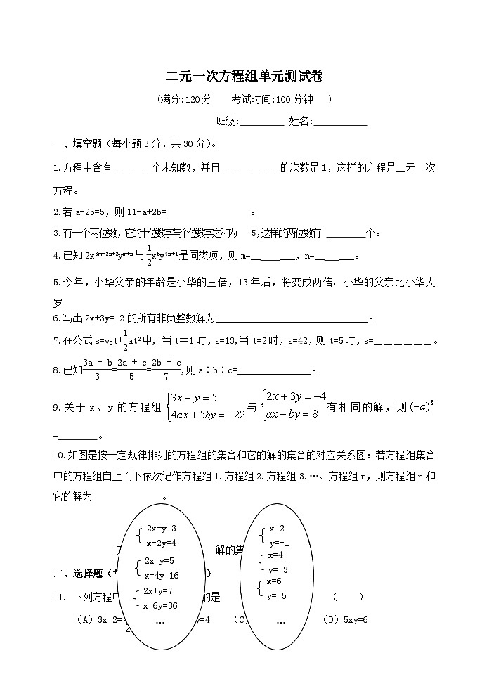2023七年级数学下册第八章二元一次方程组单元测试试题（人教版附解析）第1页