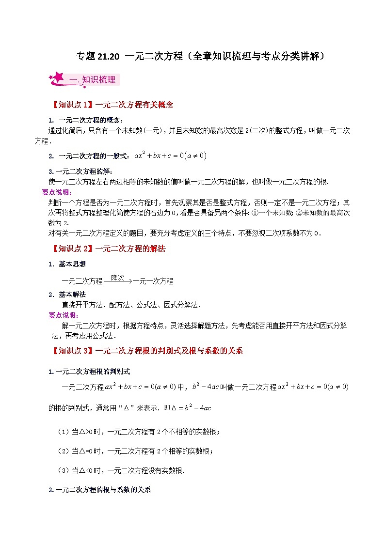 专题21.20 一元二次方程（全章知识梳理与考点分类讲解）-2023-2024学年九年级数学上册基础知识专项突破讲与练（人教版）01