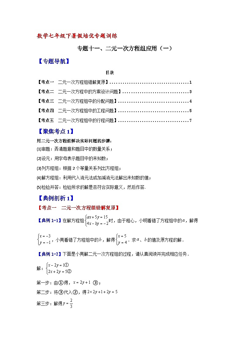 数学七年级下暑假培优专题训练（十一）第1页