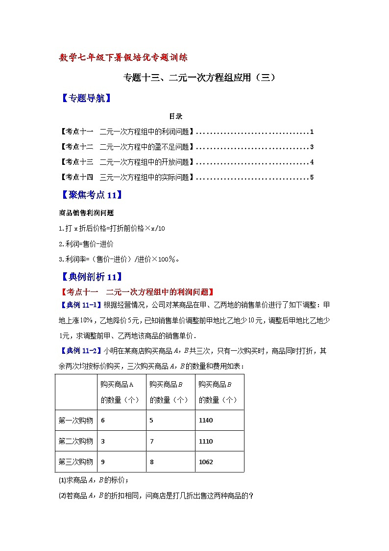 数学七年级下暑假培优专题训练（十三）第1页