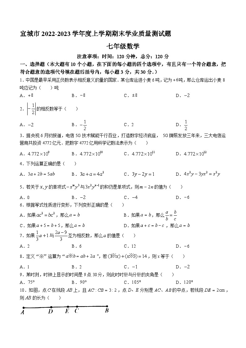 湖北省襄阳市宜城市2022-2023学年七年级上学期期末数学试题（含答案）01