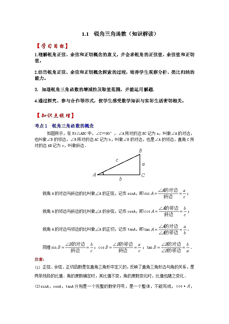 1.1 锐角三角函数（知识解读）-2023-2024学年九年级数学下册《同步考点解读•专题训练》（北师大版）第1页