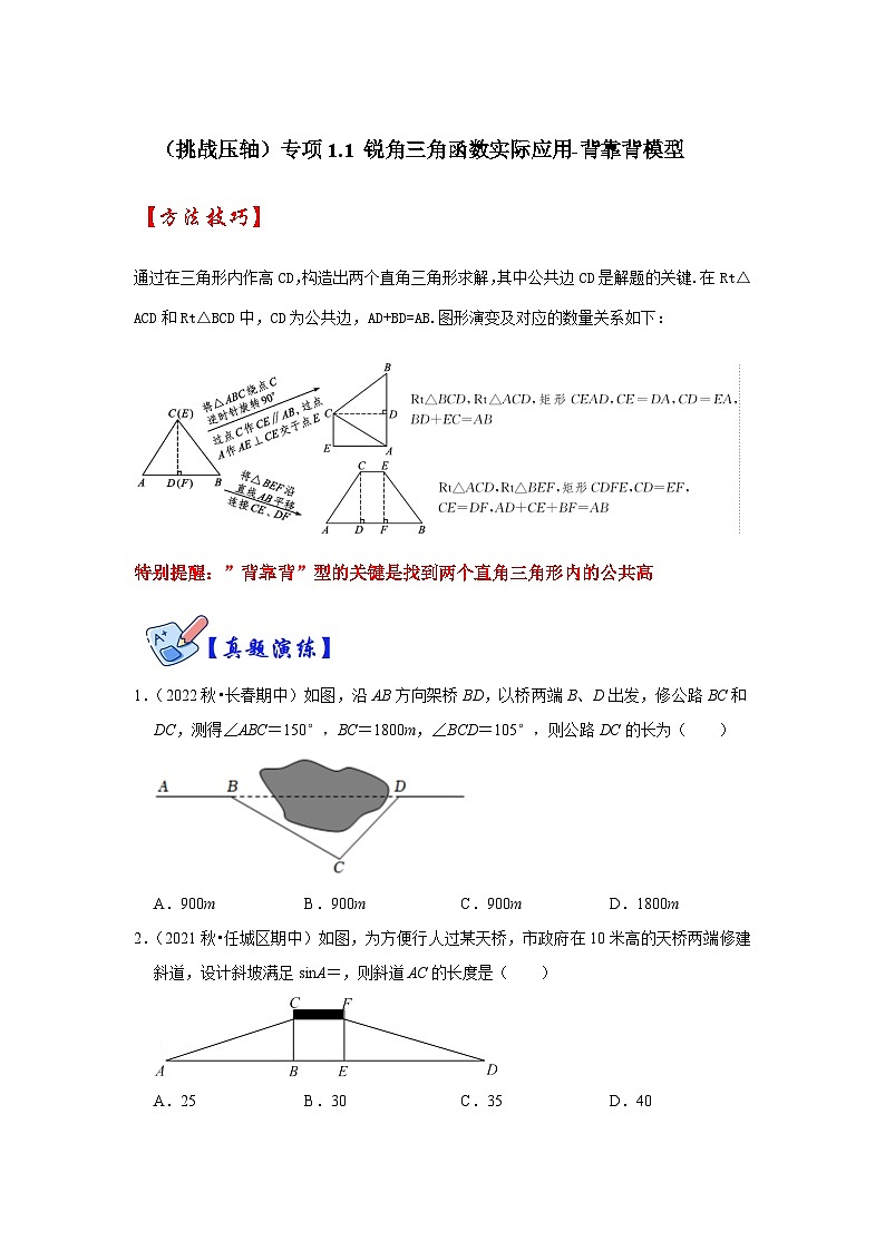 （挑战压轴）专项1.1 锐角三角函数实际应用-背靠背模型-2023-2024学年九年级数学下册《同步考点解读•专题训练》（北师大版）01