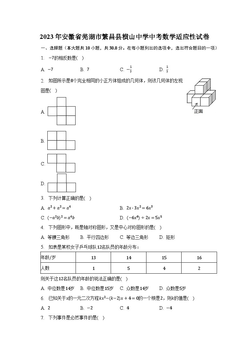 2023年安徽省芜湖市繁昌县横山中学中考数学适应性试卷（含解析）01