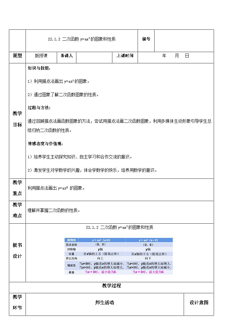 人教版初中数学九年级上册 22.1.2 《二次函数y=ax^2的图象和性质》 课件+教案+导学案+分层作业（含教师学生版和教学反思）01