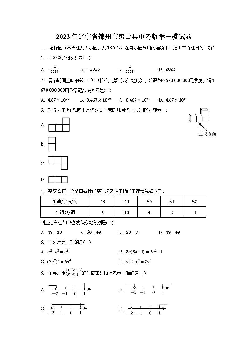 2023年辽宁省锦州市黑山县中考数学一模试卷（含解析）01
